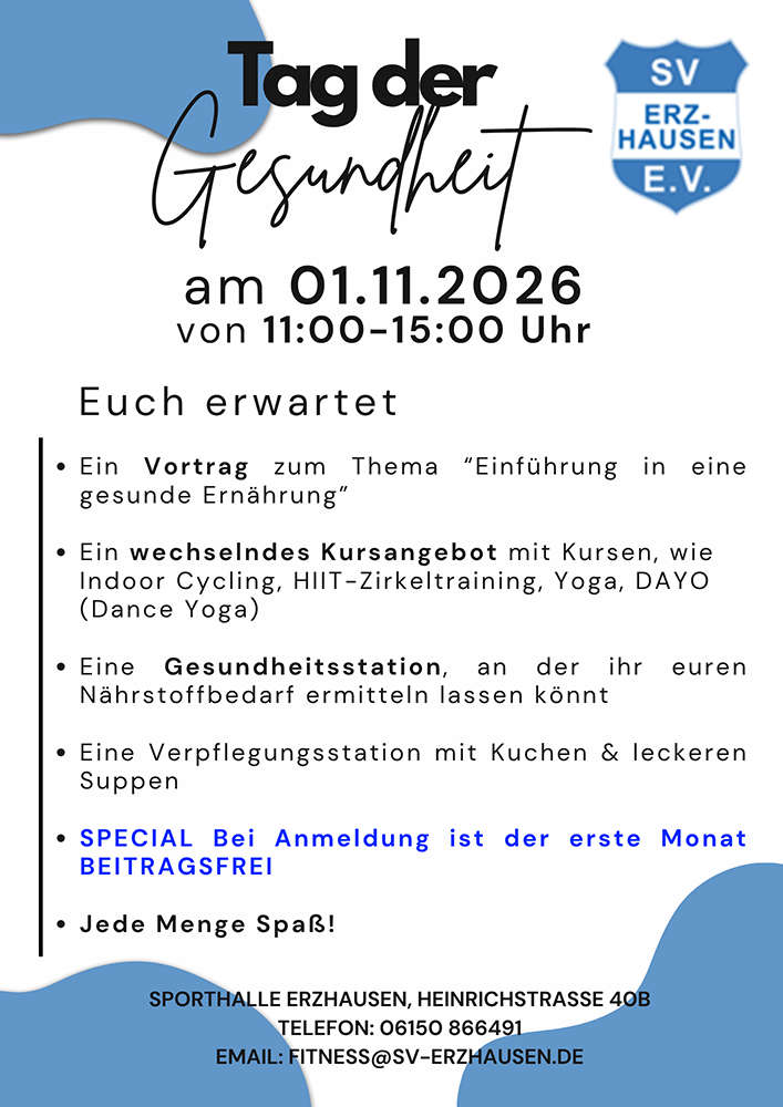 Plakat des SV Erzhausen e.V. zum „Tag der Gesundheit“ am 1. November 2026 von 11 bis 15 Uhr in der Sporthalle Erzhausen. Angeboten werden ein Ernährungsvortrag, Indoor Cycling, HIIT, Yoga, DAYO, eine Gesundheitsstation und Verpflegung. Bei Anmeldung ist der erste Monat beitragsfrei.